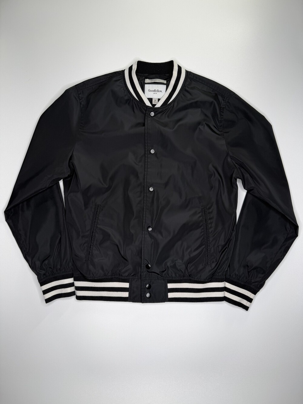 Goodfellow & Co Mens Bomber Jacket Medium Black Snap Front Varsity Windbreaker
